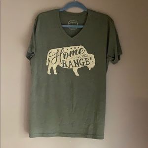 V Neck army green tee, size L. Home on the Range
